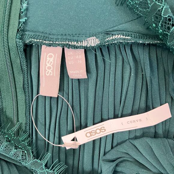 Asos Curve New Sz 16 Pleated Maxi Dress with Lace Sleeves Bridesmaid Deep Green - Picture 14 of 16